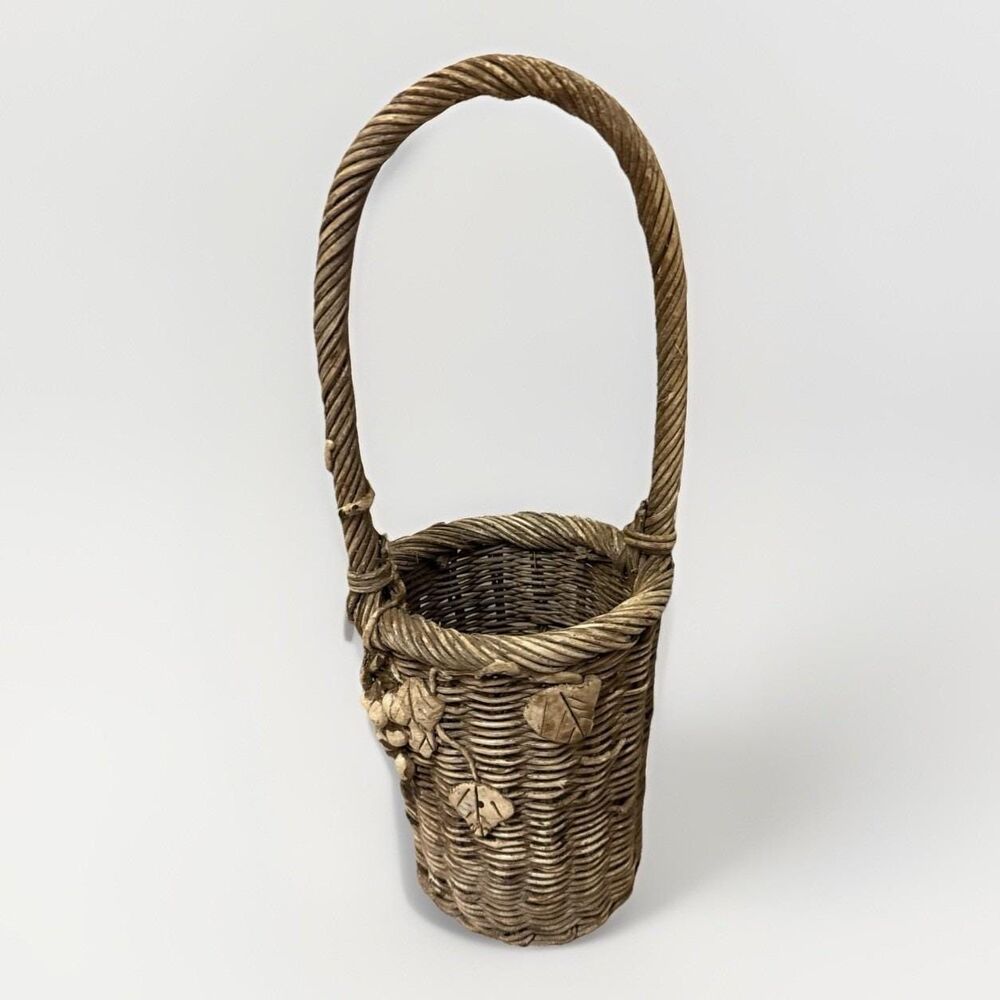 Vintage Rattan Woven Wicker Wine Bottle Basket With Handle & Grapevines ~14.25"
